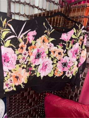 Black Floral Blouse with Pink & Peach Blooms